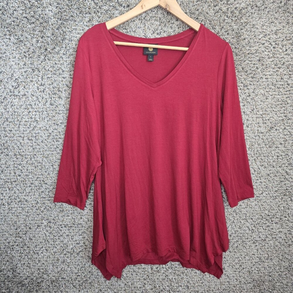 JM Collection Top Womens Large Burgundy V Neck Tunic Stretch Casual Ladies